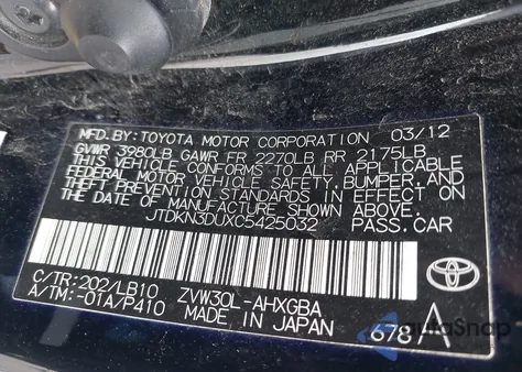 2012 Toyota Prius Four из США, поврежденный, VIN JTDKN3DUXC5425032